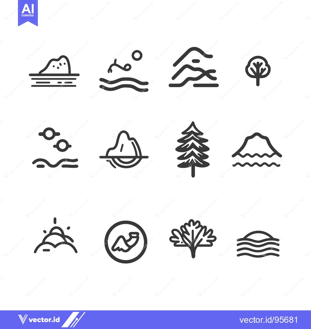 Premium Vector dari Set of Mountain, Tree, and Water Line Icons