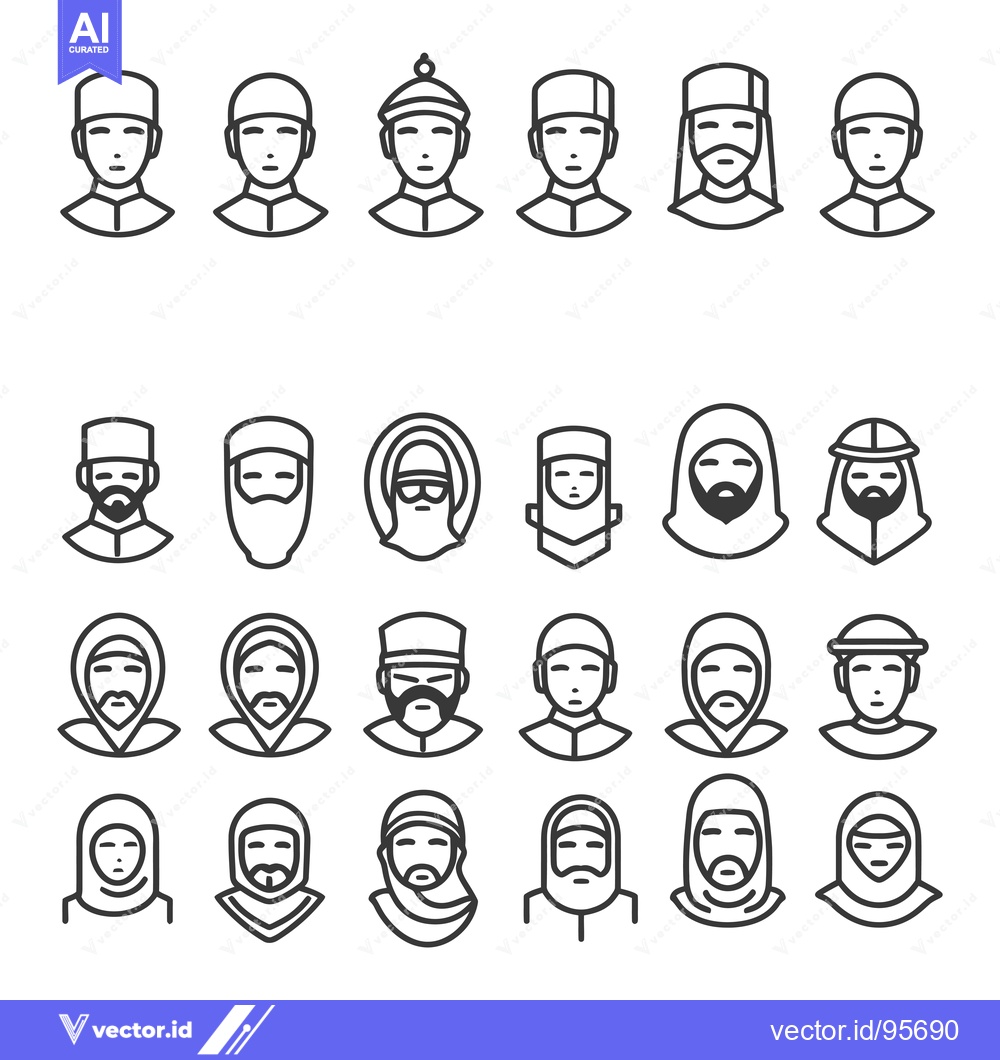 Premium Vector dari Set of Muslim Men and Women Head Icons in Outline Style