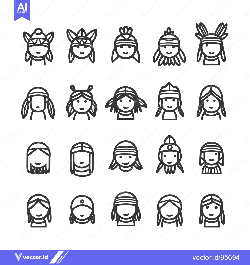 Premium Vector dari Set of Native American Female Head Icons with Various Hairstyles and H