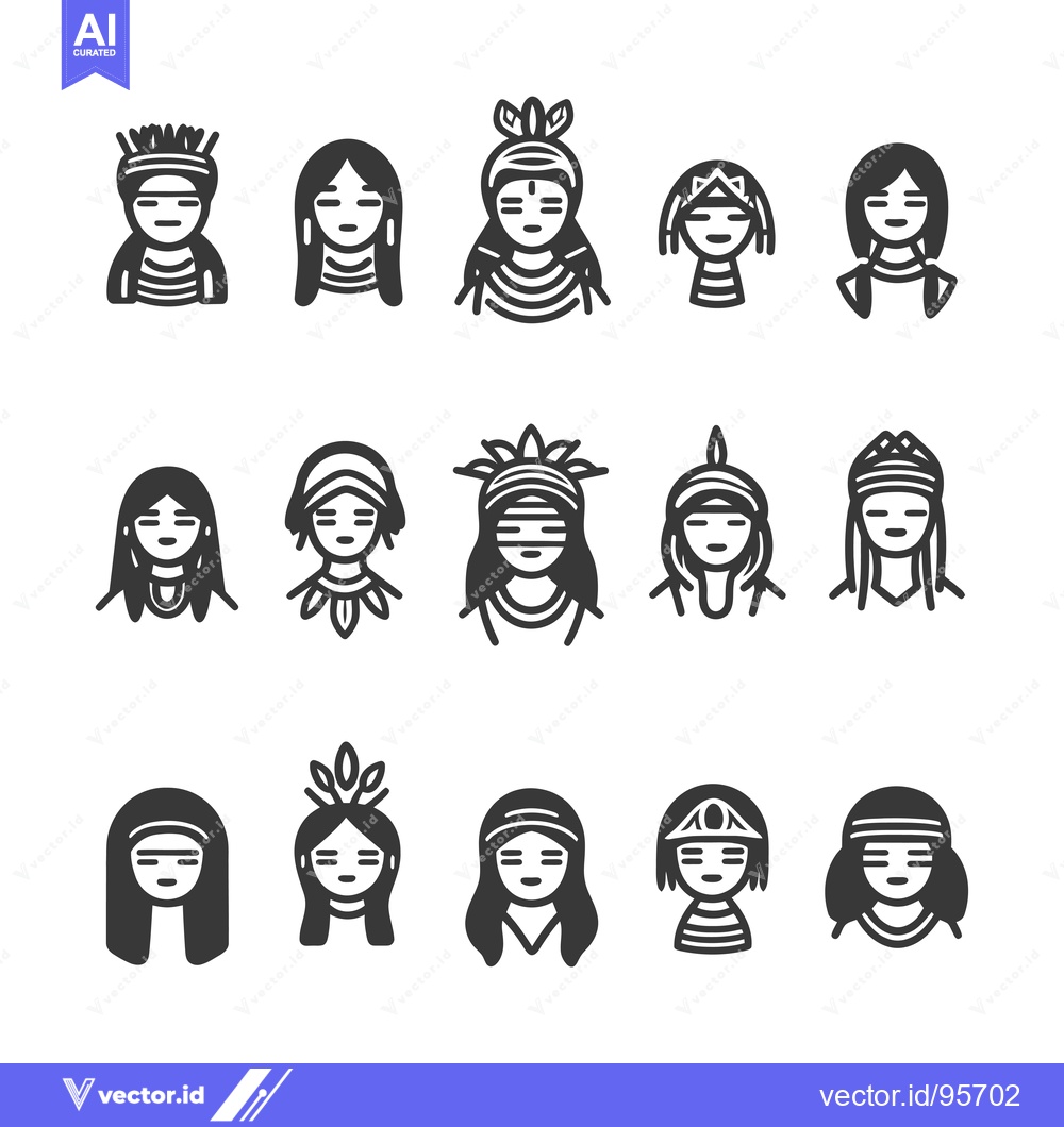 Premium Vector of Set of Native American Women's Faces with Traditional Headwear