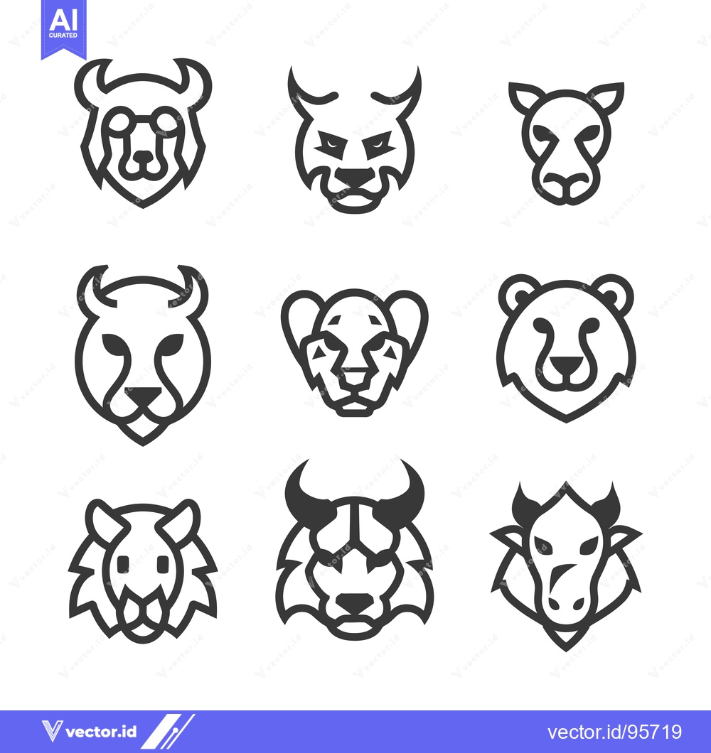 Premium Vector of Set of Nine Animal Head Icons in Line Art Style