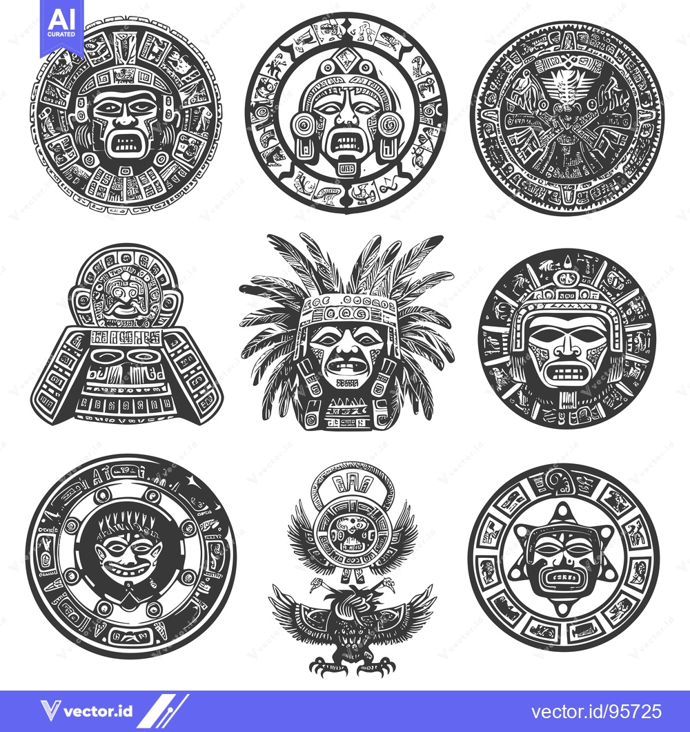 Premium Vector dari Set of Nine Black and White Aztec Masks and Symbols