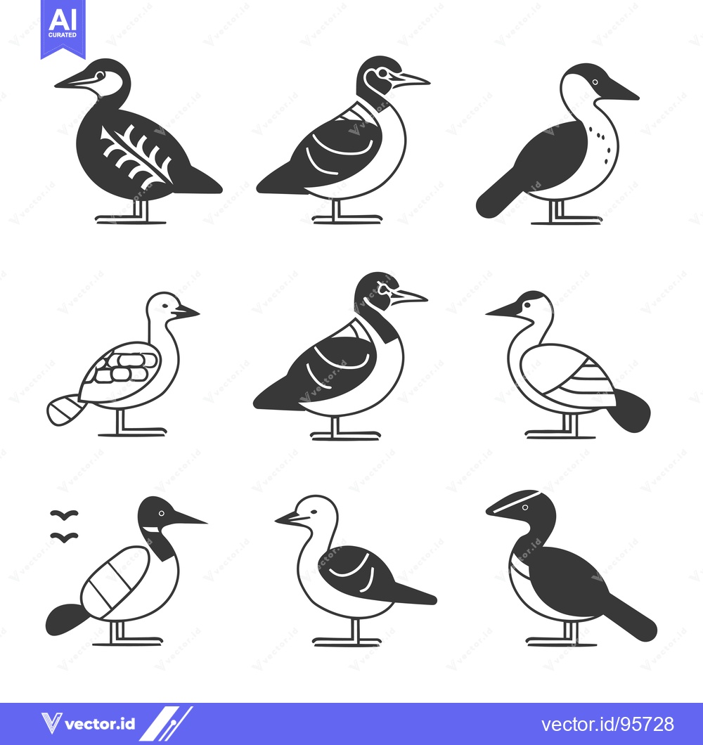 Premium Vector of Set of Nine Black and White Bird Illustrations