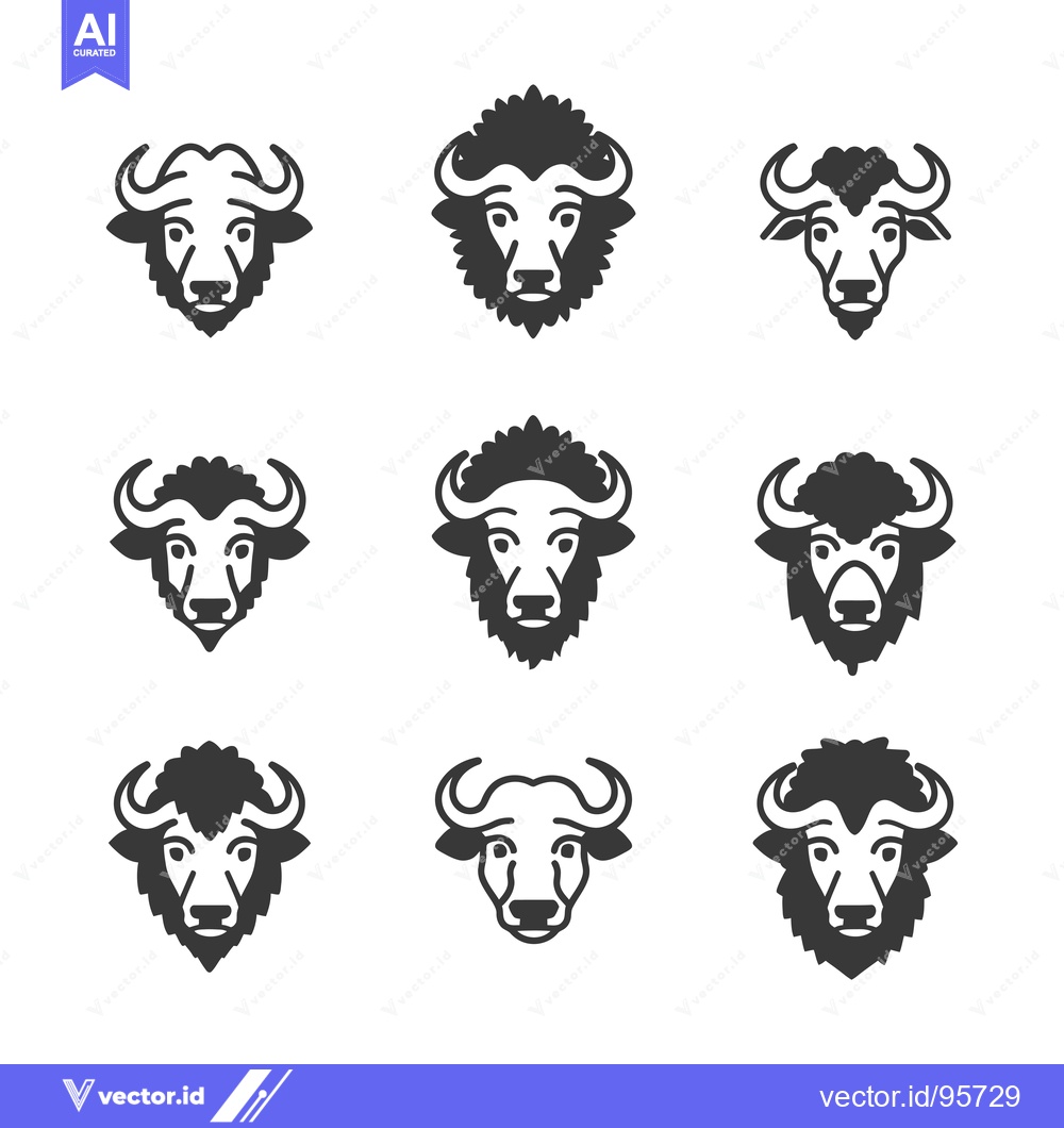 Premium Vector dari Set of Nine Black and White Buffalo Head Icons