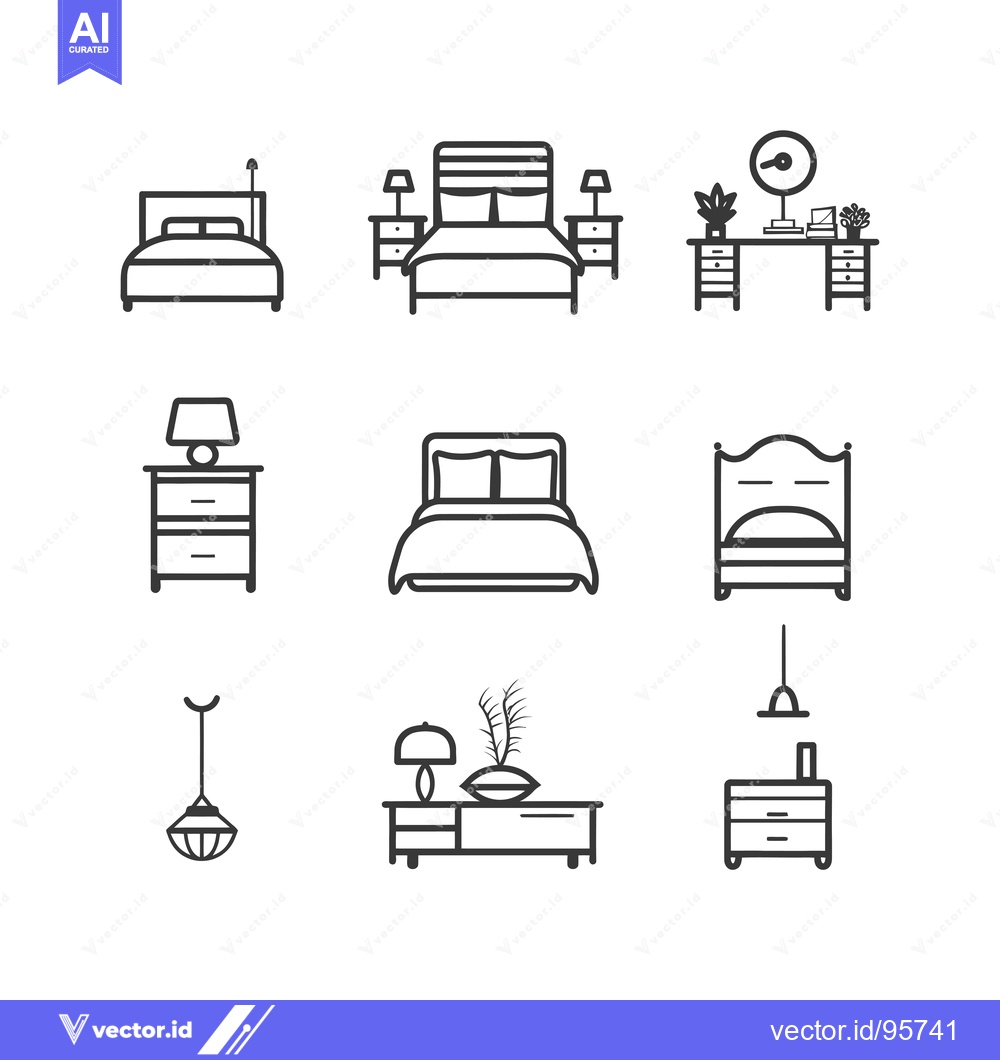Premium Vector of Set of Nine Black and White Line Drawings of Bedroom Furniture