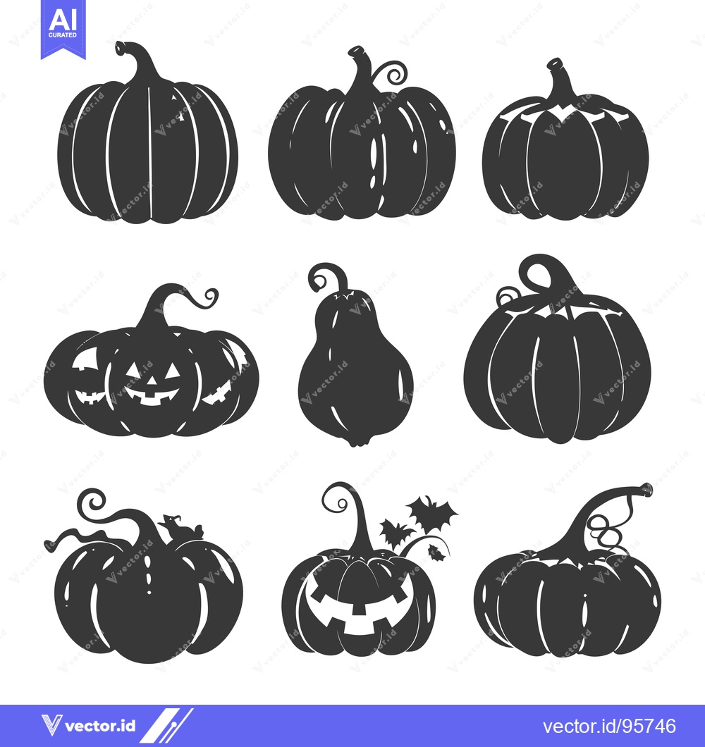 Premium Vector dari Set of nine black and white pumpkin silhouettes in different poses