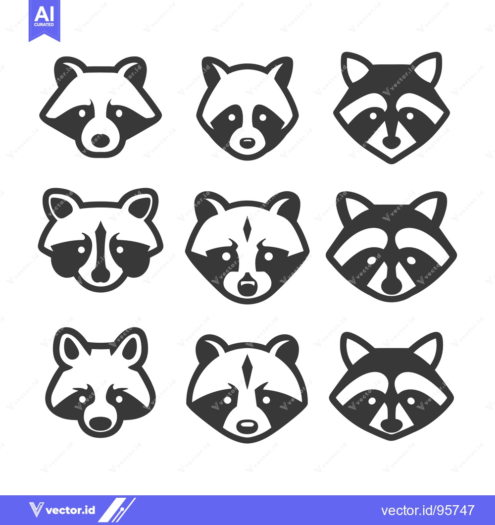 Premium Vector of Set of Nine Black and White Raccoon Face Icons