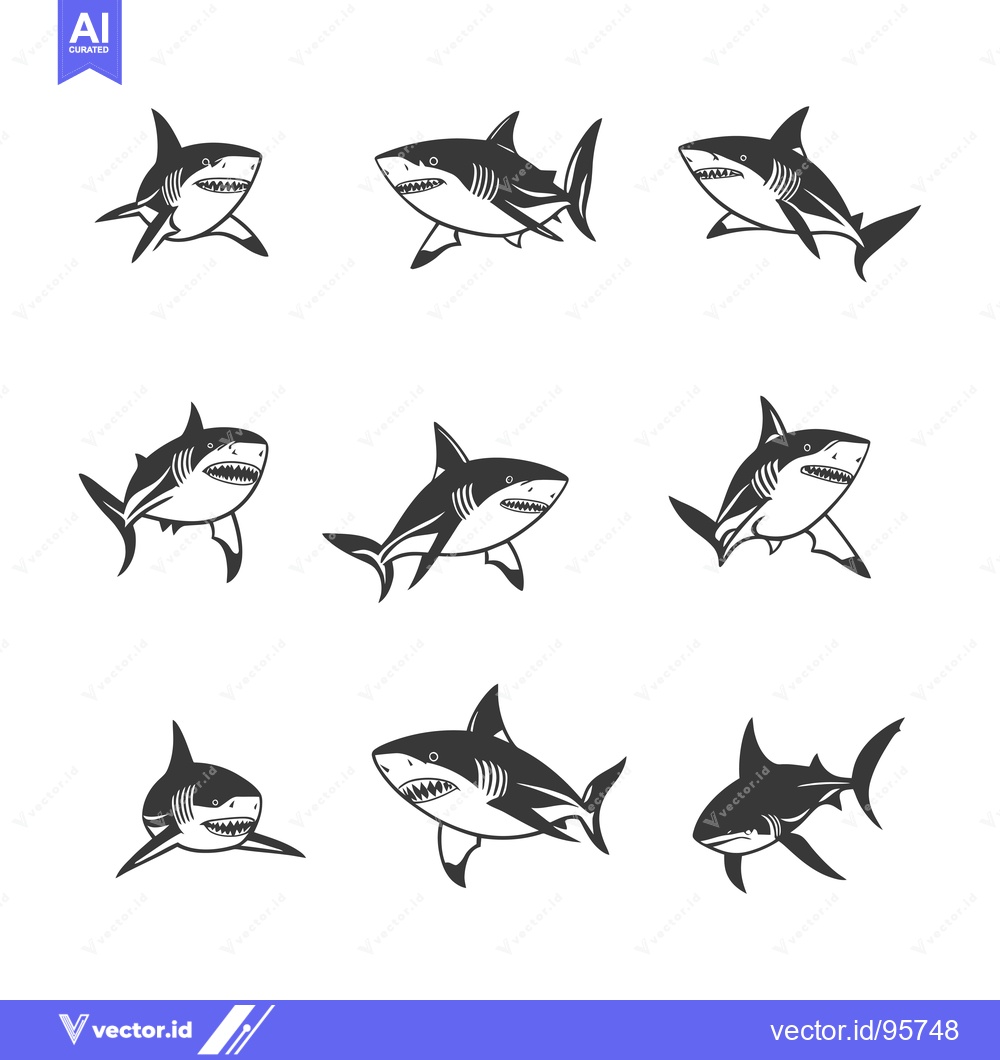 Premium Vector dari Set of Nine Black and White Shark Silhouettes