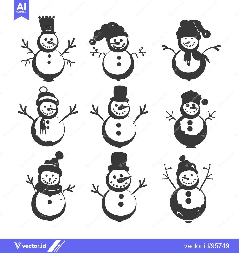Premium Vector dari Set of nine black and white silhouette snowmen with various hats