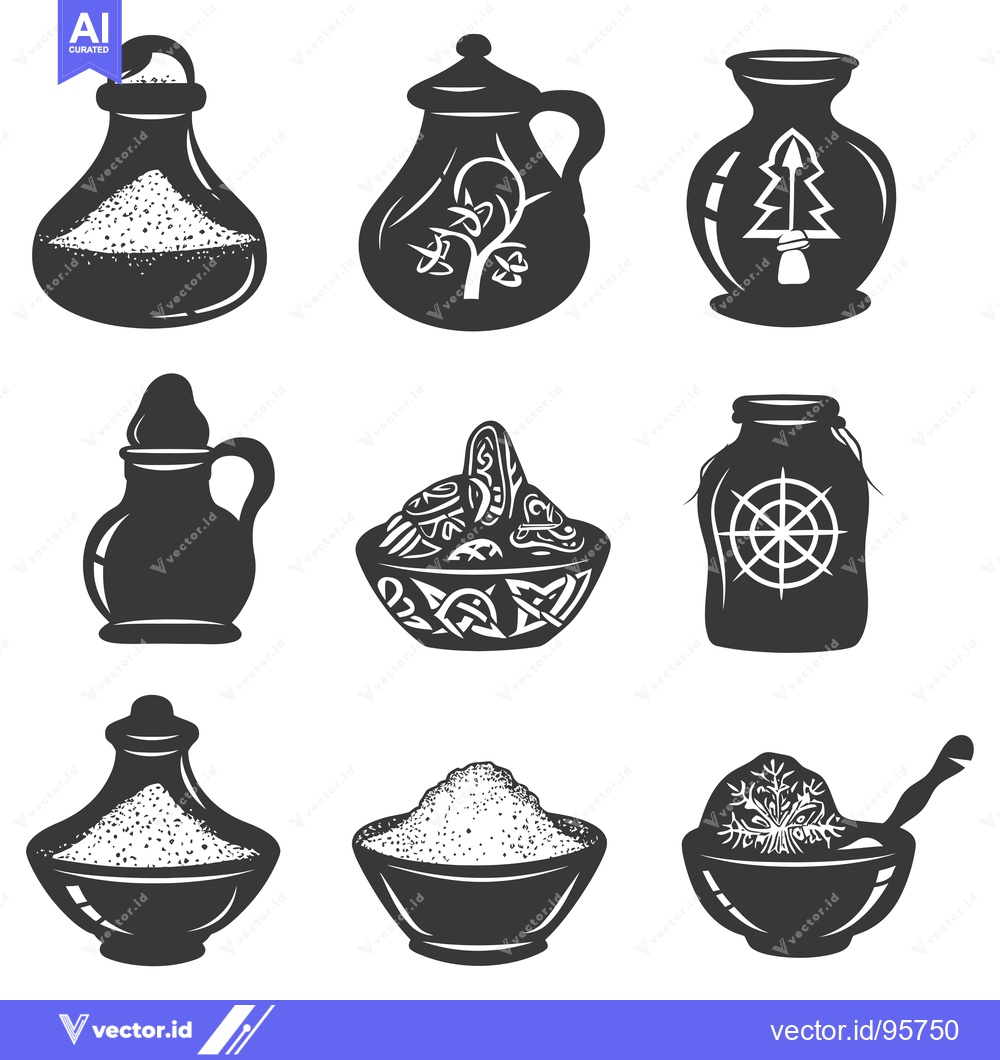 Premium Vector dari Set of Nine Black and White Silhouettes of Containers with Powder and
