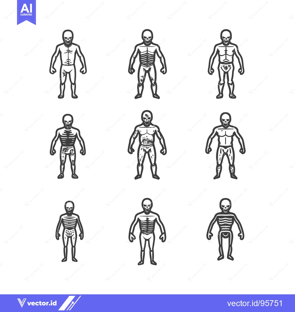 Premium Vector dari Set of Nine Black and White Skeleton Figures