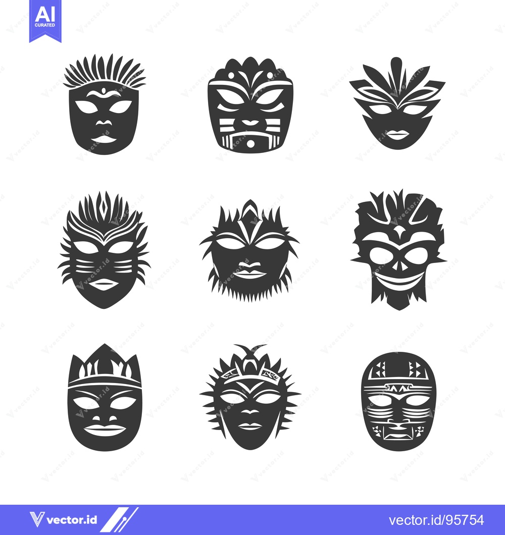 Premium Vector dari Set of nine black and white stylized tribal masks