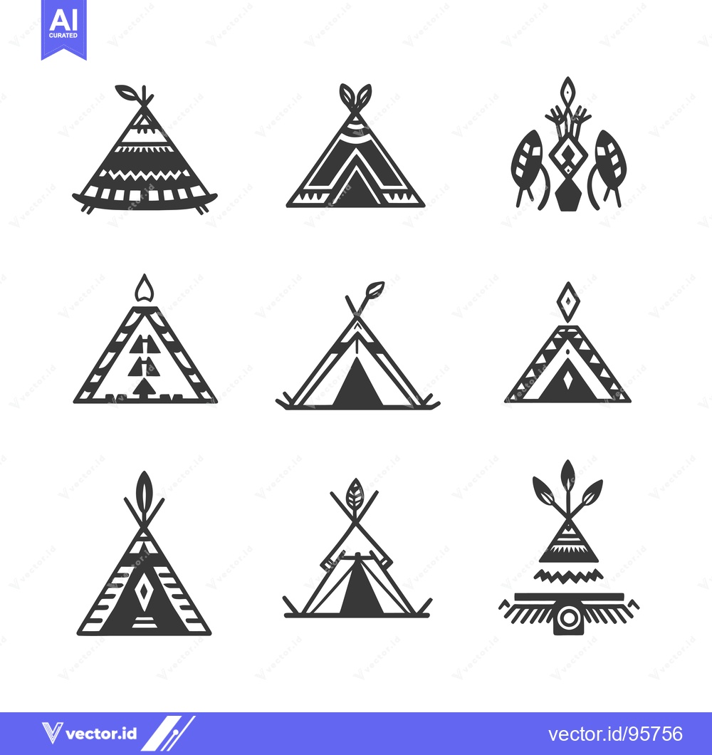 Premium Vector of Set of Nine Black and White Tent Icons with Geometric Patterns