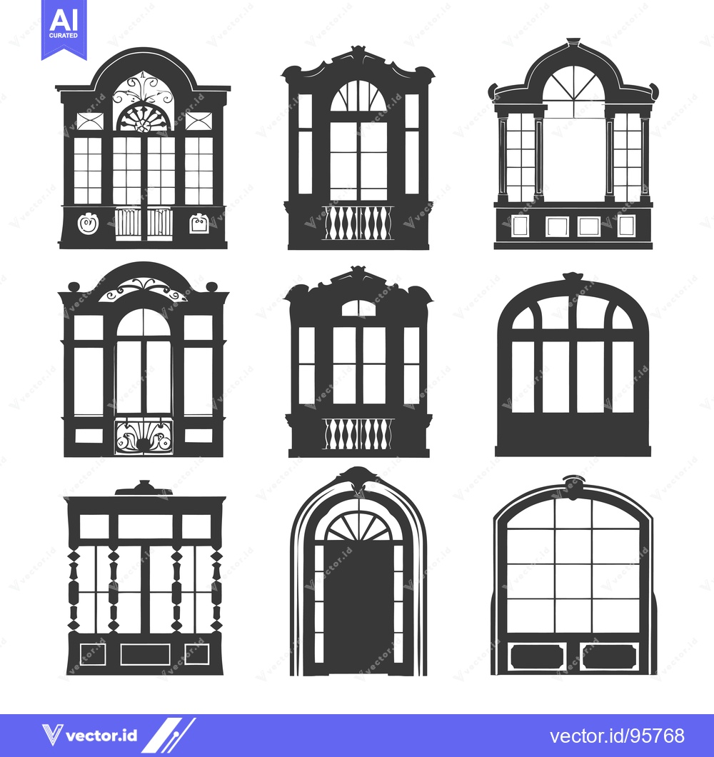 Premium Vector dari Set of Nine Black Silhouettes of Ornate Windows with Balconies