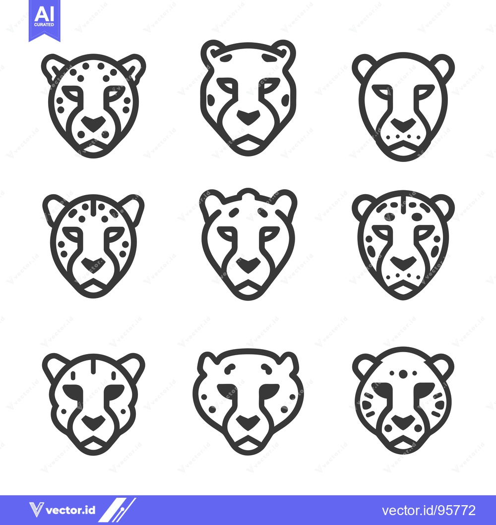 Premium Vector dari Set of Nine Cheetah Head Line Icons