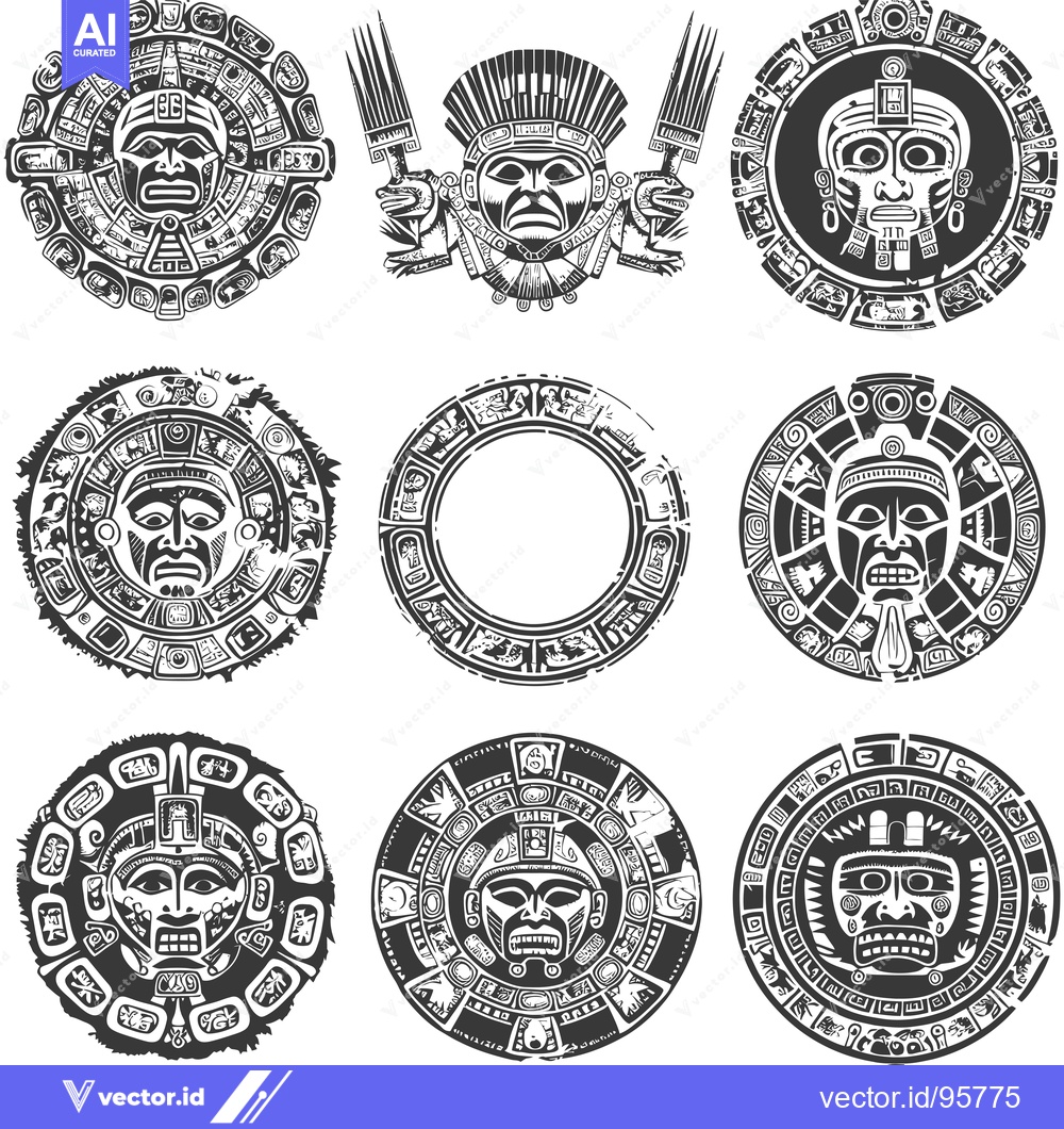 Premium Vector of Set of Nine Circular Black and White Aztec-Style Illustrations Featuri