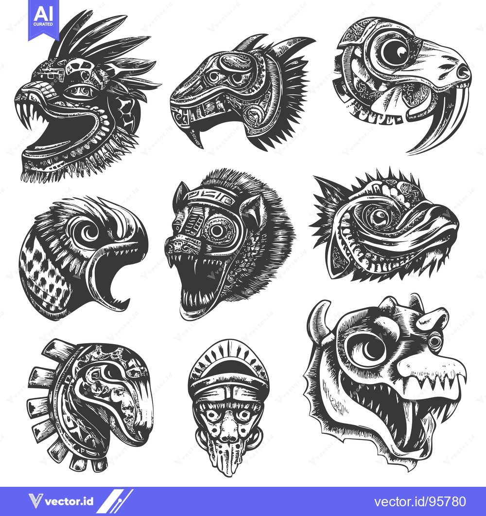 Premium Vector of Set of Nine Detailed Black and White Monster Heads with Intricate Desi