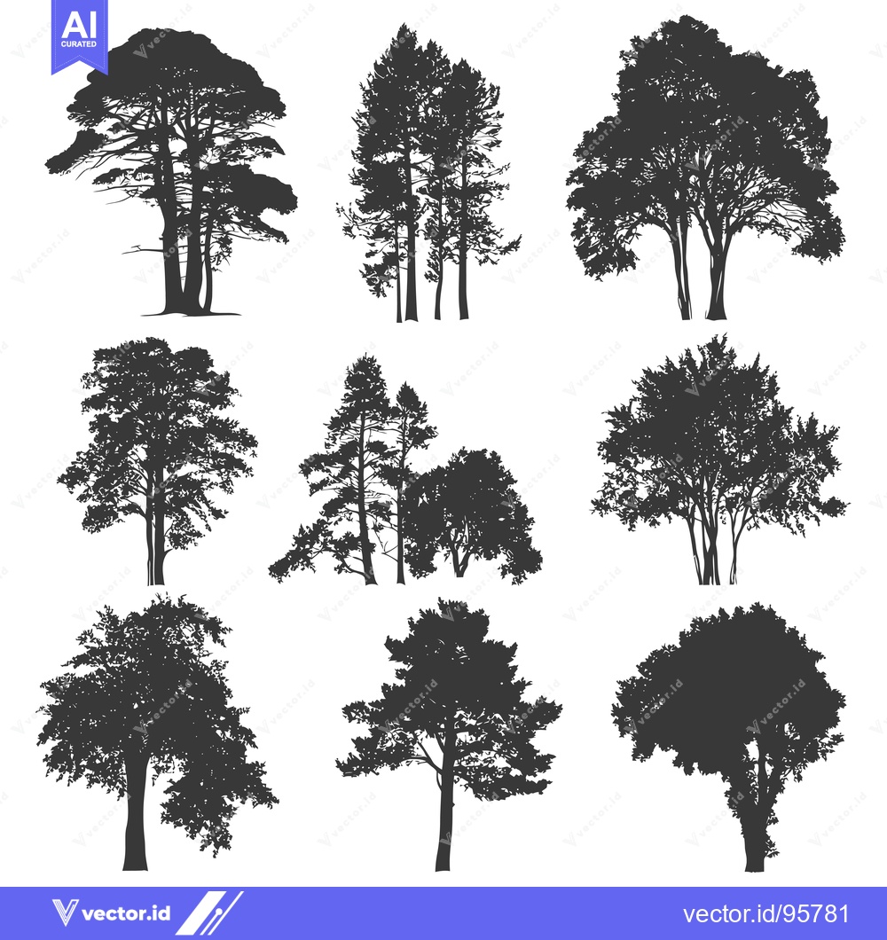 Premium Vector dari Set of Nine Detailed Tree Silhouettes on White Background