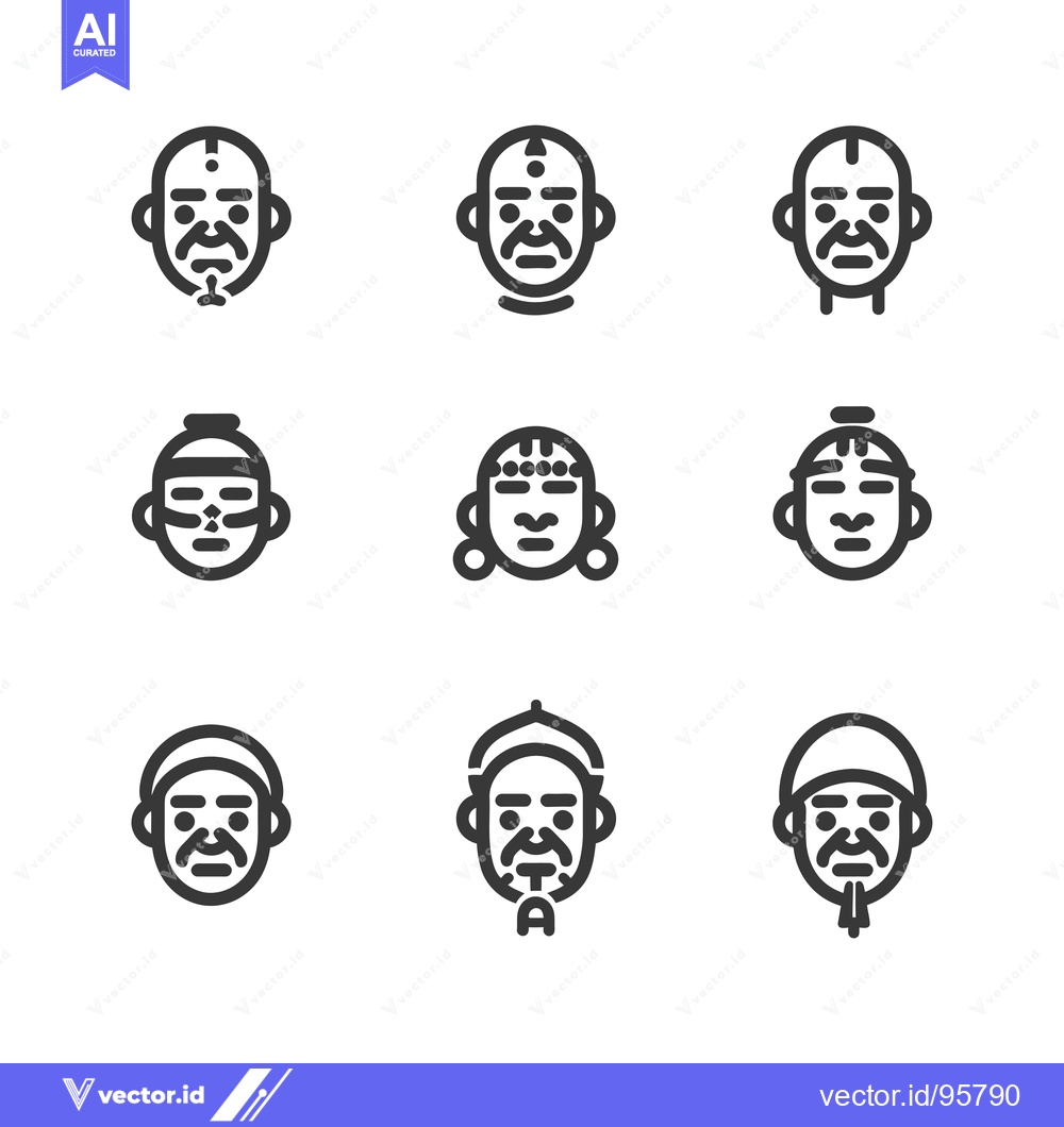Premium Vector dari Set of Nine Different Male Faces in Black and White Outline Style