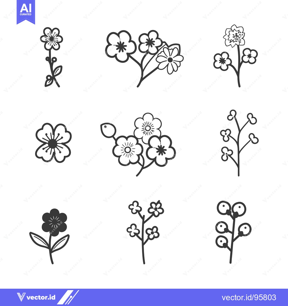 Premium Vector dari Set of Nine Hand-Drawn Black and White Flower and Berry Branch Illustr