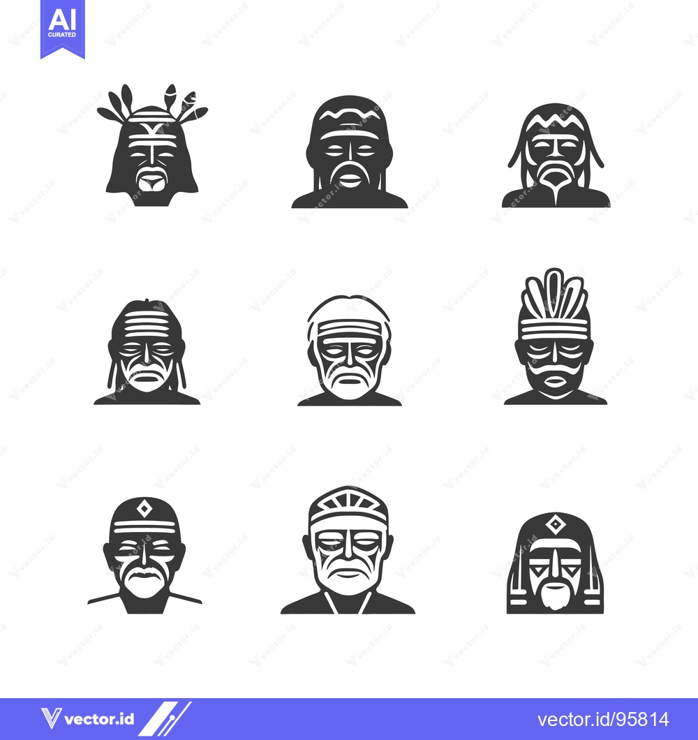 Premium Vector dari Set of Nine Indigenous Male Faces with Various Headwear and Facial Mar