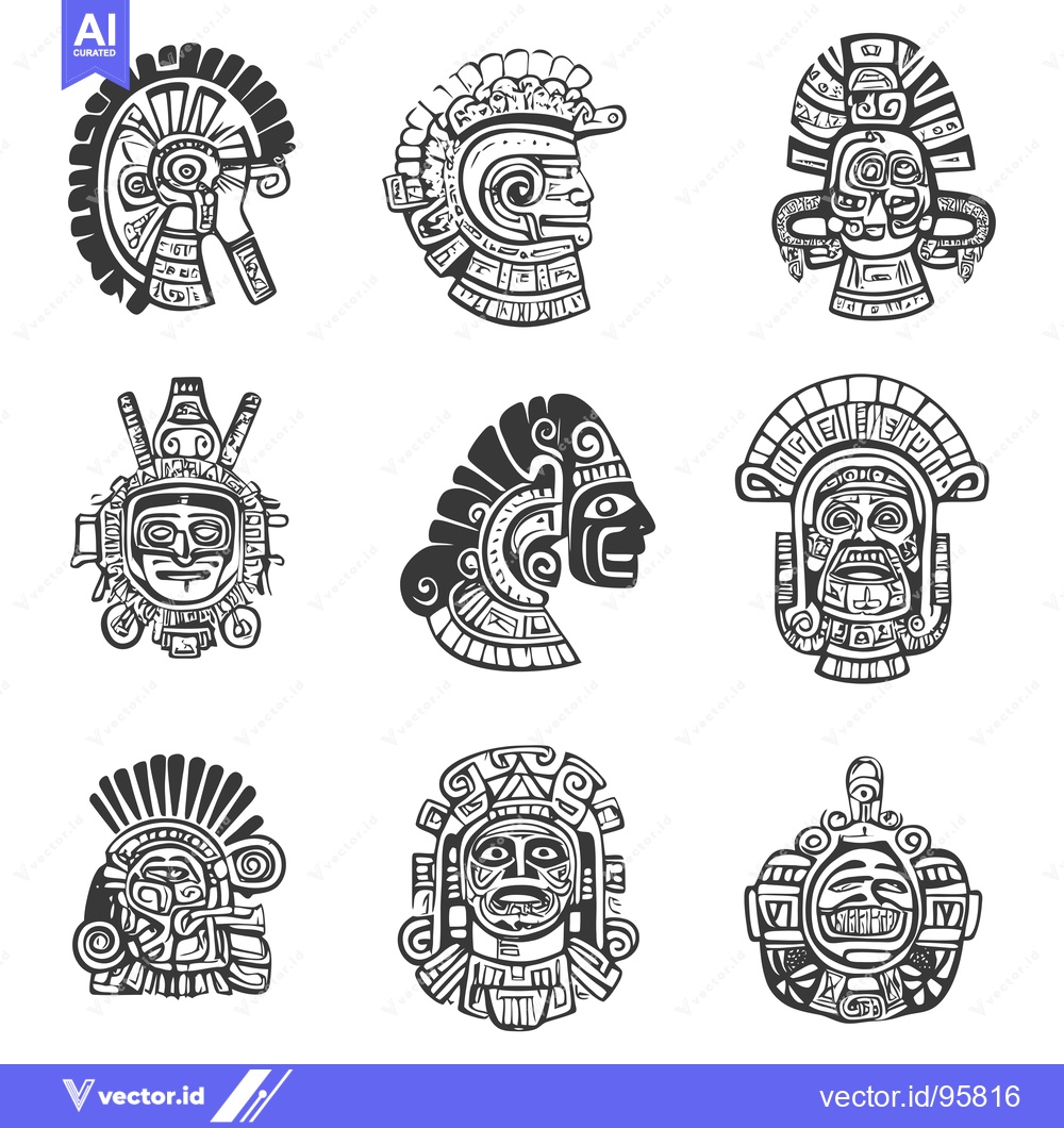 Premium Vector of Set of Nine Intricately Designed Mayan Masks