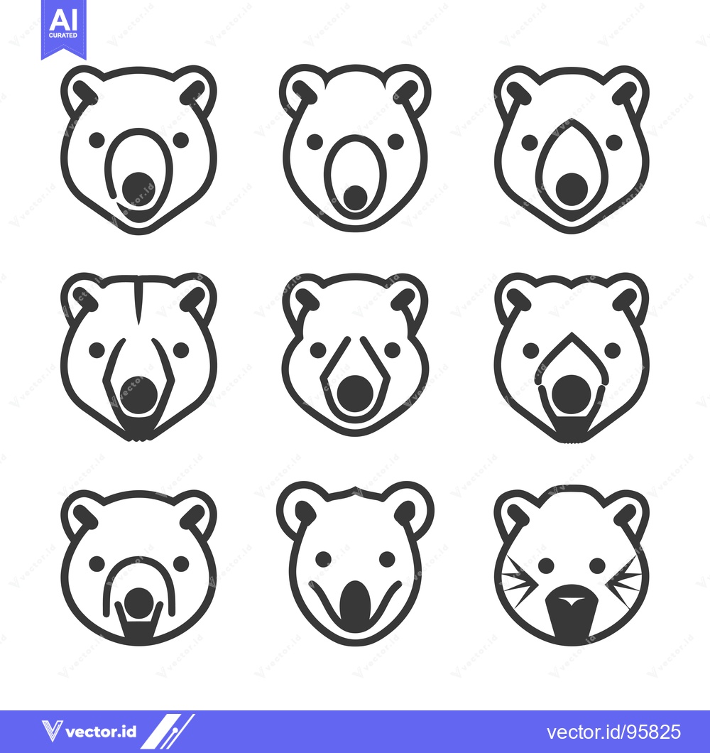 Premium Vector of Set of Nine Line Art Bear Faces with Varying Facial Features