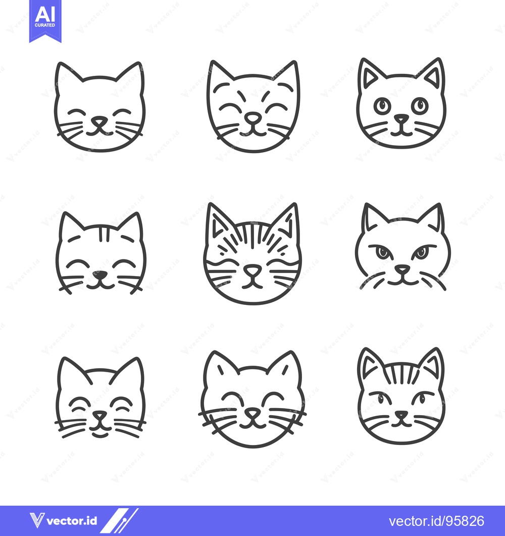 Premium Vector of Set of Nine Line Art Cat Faces with Different Expressions
