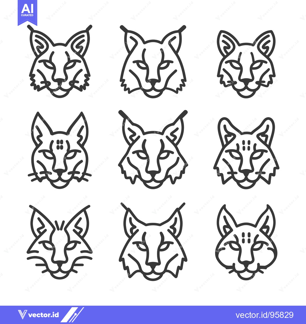 Premium Vector dari Set of Nine Line Art Drawings of Lynx Heads