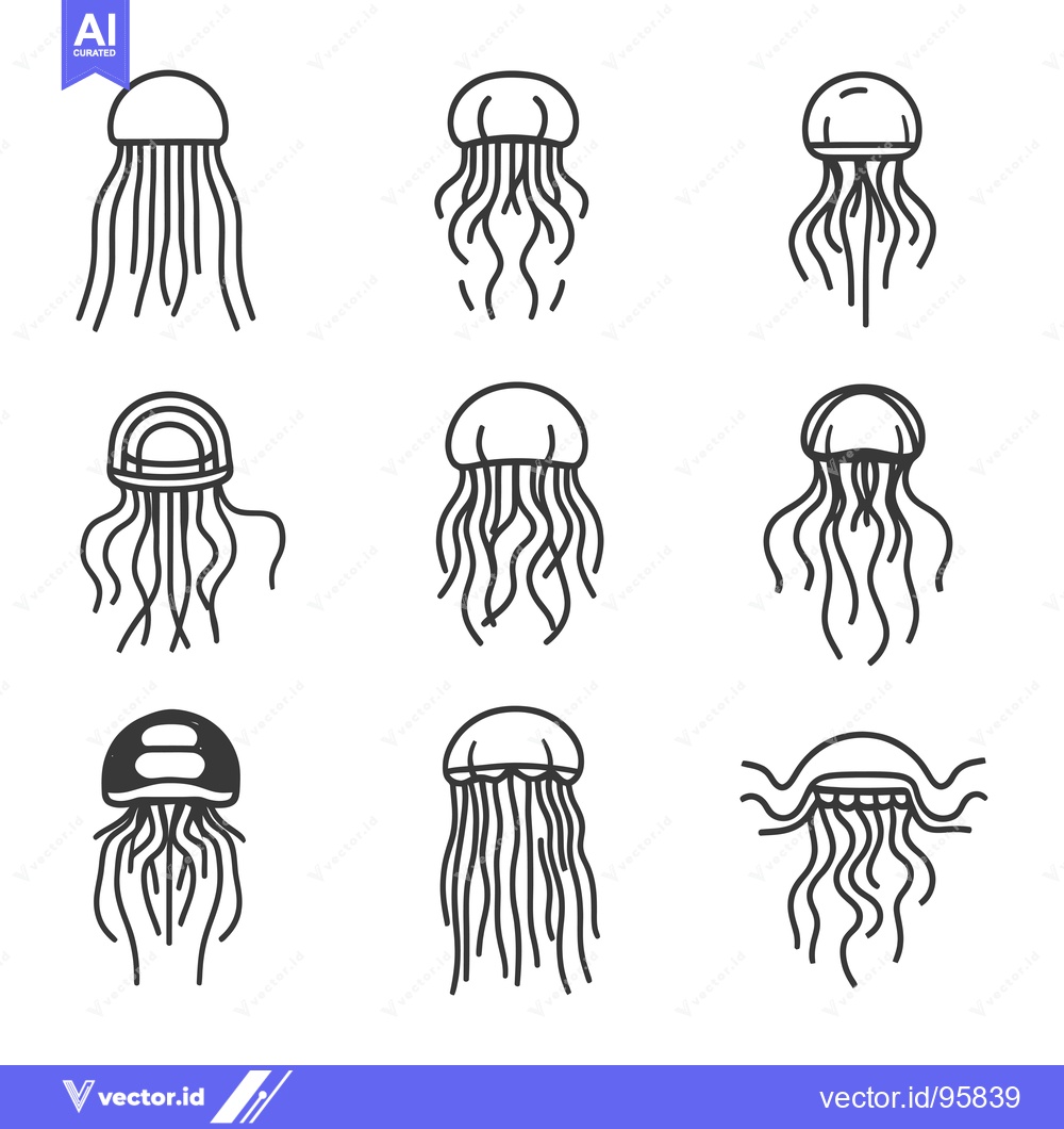 Premium Vector dari Set of Nine Line-Art Jellyfish Illustrations