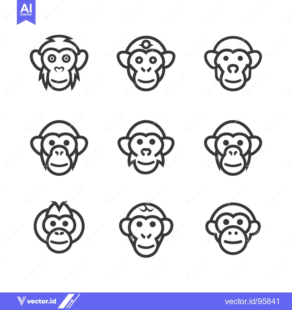 Premium Vector dari Set of Nine Line Art Monkey Faces with Different Hairstyles