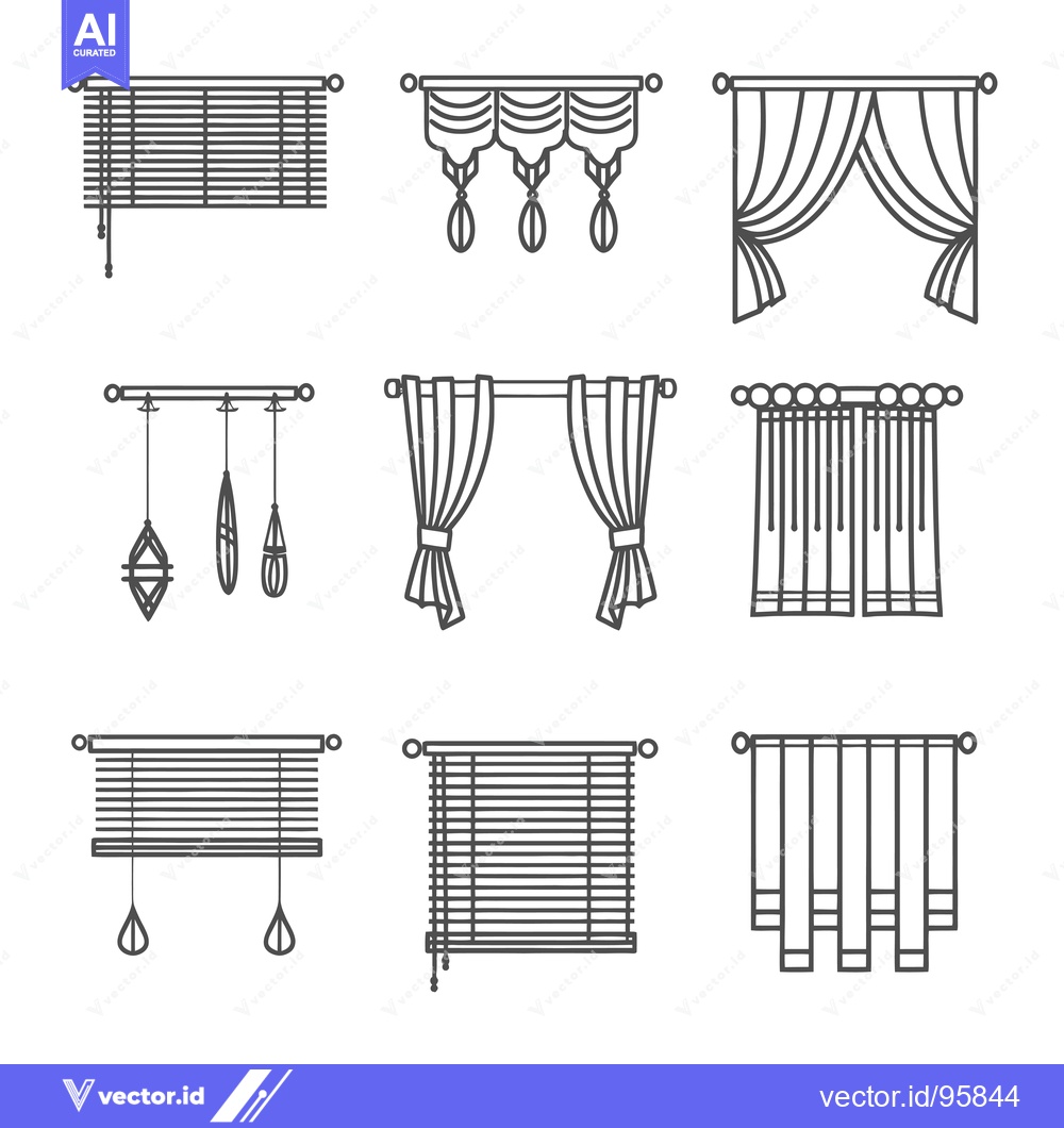 Premium Vector dari Set of Nine Linear Window Treatments, Including Blinds and Curtains