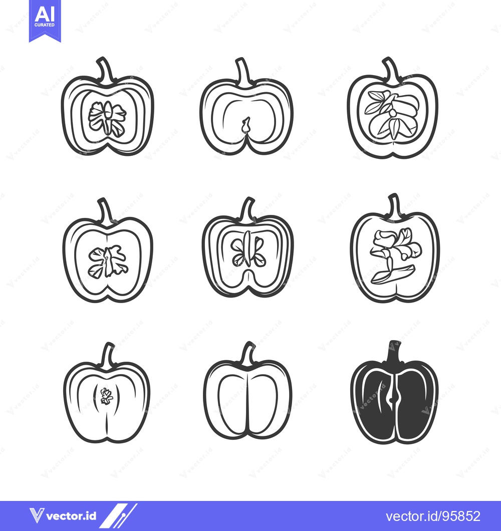 Premium Vector dari Set of Nine Line Drawings of Halved Bell Peppers