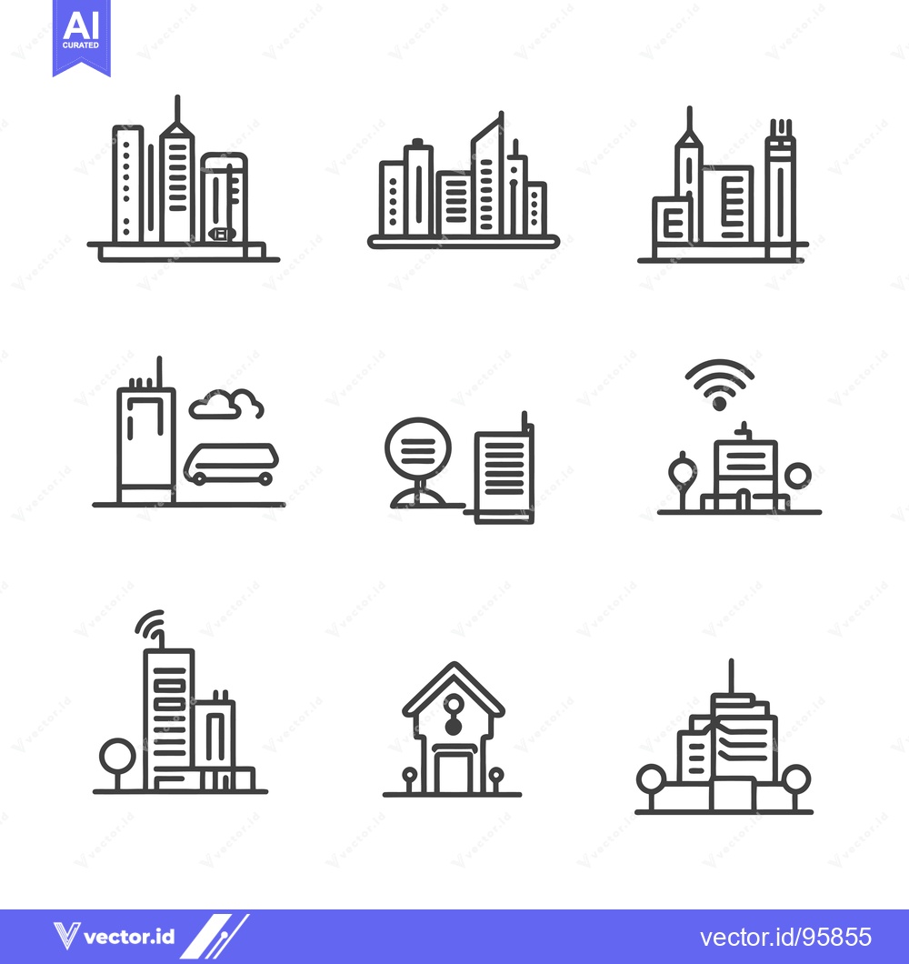 Premium Vector dari Set of Nine Line Drawings of Modern City Buildings