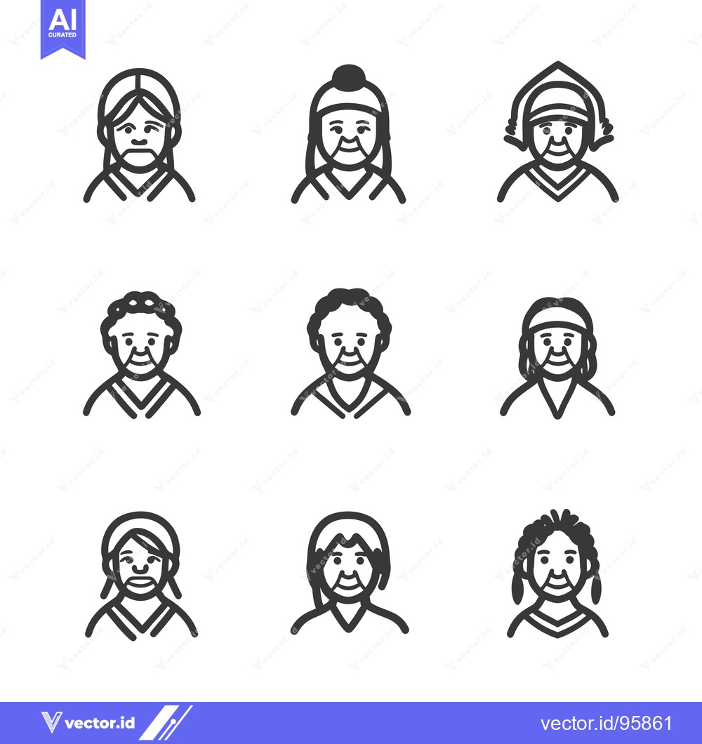 Premium Vector dari Set of Nine Line Drawings of Senior Citizens with Different Hairstyles