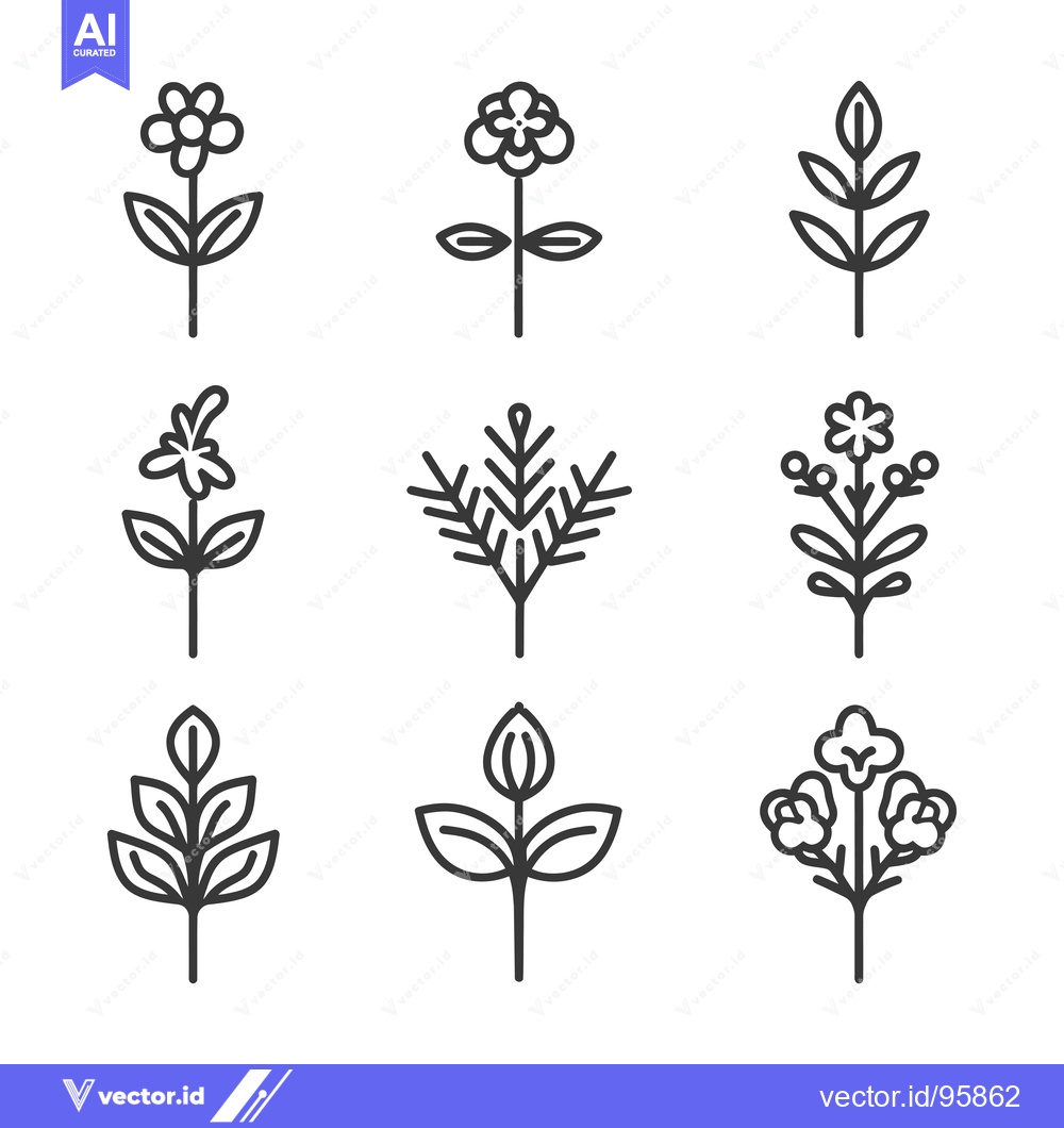 Premium Vector of Set of Nine Line Drawings of Simple Flowers and Plants