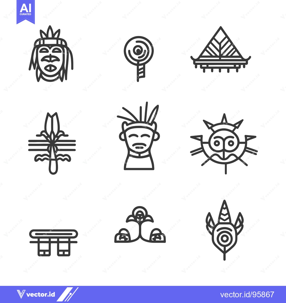 Premium Vector dari Set of nine line icons depicting ancient tribal art and culture.