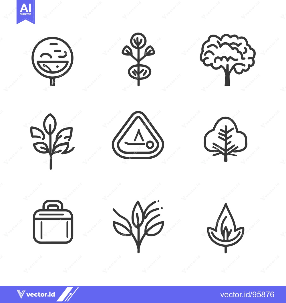 Premium Vector of Set of Nine Line Icons Depicting Trees, Plants, and a Smile Face