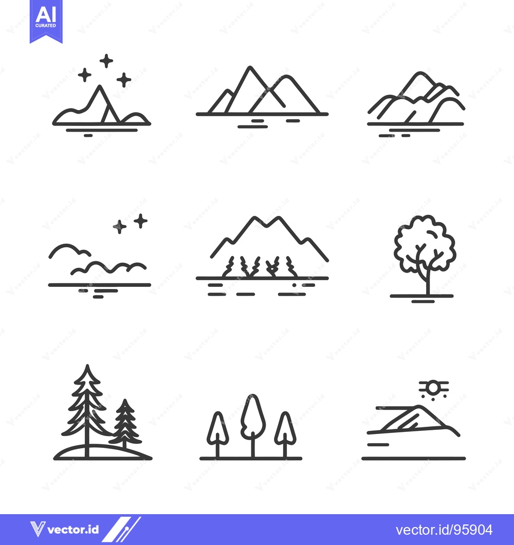 Premium Vector dari Set of Nine Nature Landscape Line Icons with Mountains, Trees, and Wat