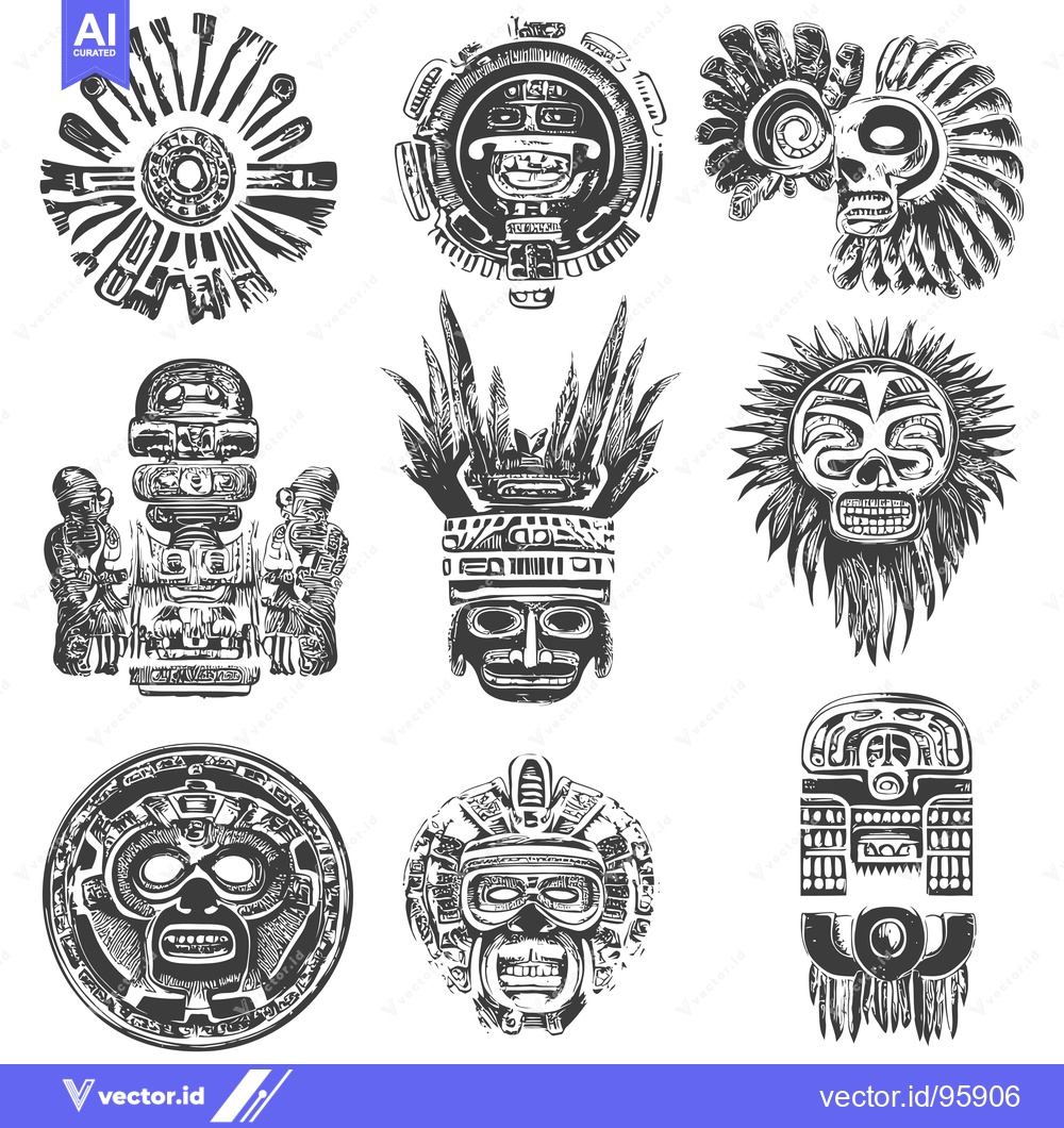Premium Vector of Set of nine ornate black and white illustrations of Mayan deities and