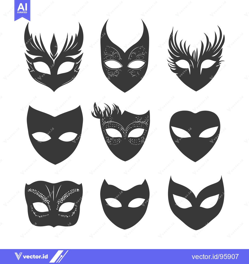 Premium Vector dari Set of nine ornate black masquerade masks with various shapes and deta