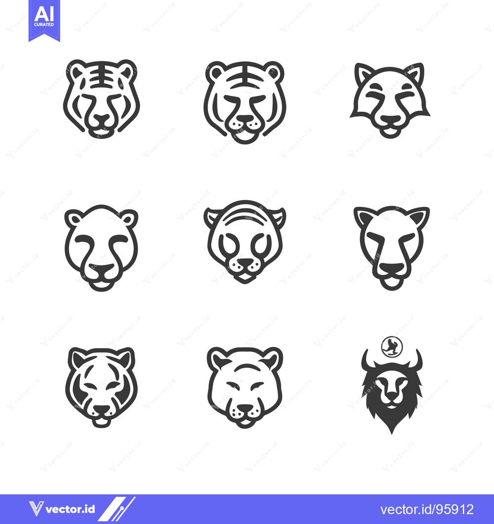 Premium Vector of Set of Nine Outline Animal Heads, Including Tiger, Lion, and Panther