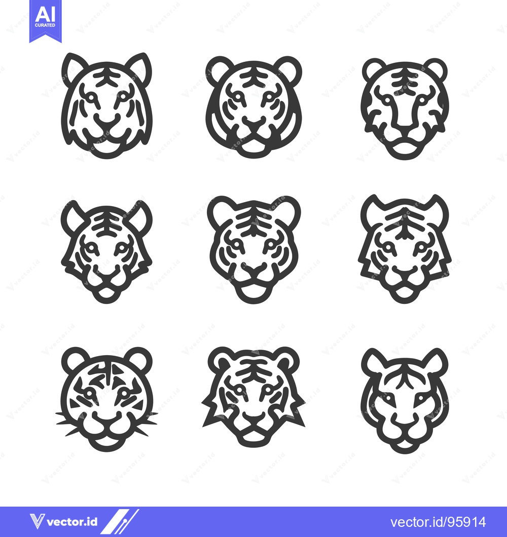 Premium Vector dari Set of nine outlined tiger head icons