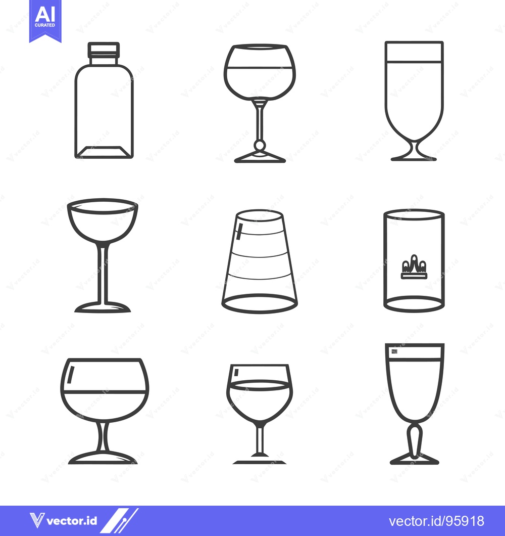 Premium Vector dari Set of Nine Outline Icons Depicting Various Drinking Glasses and Bottl