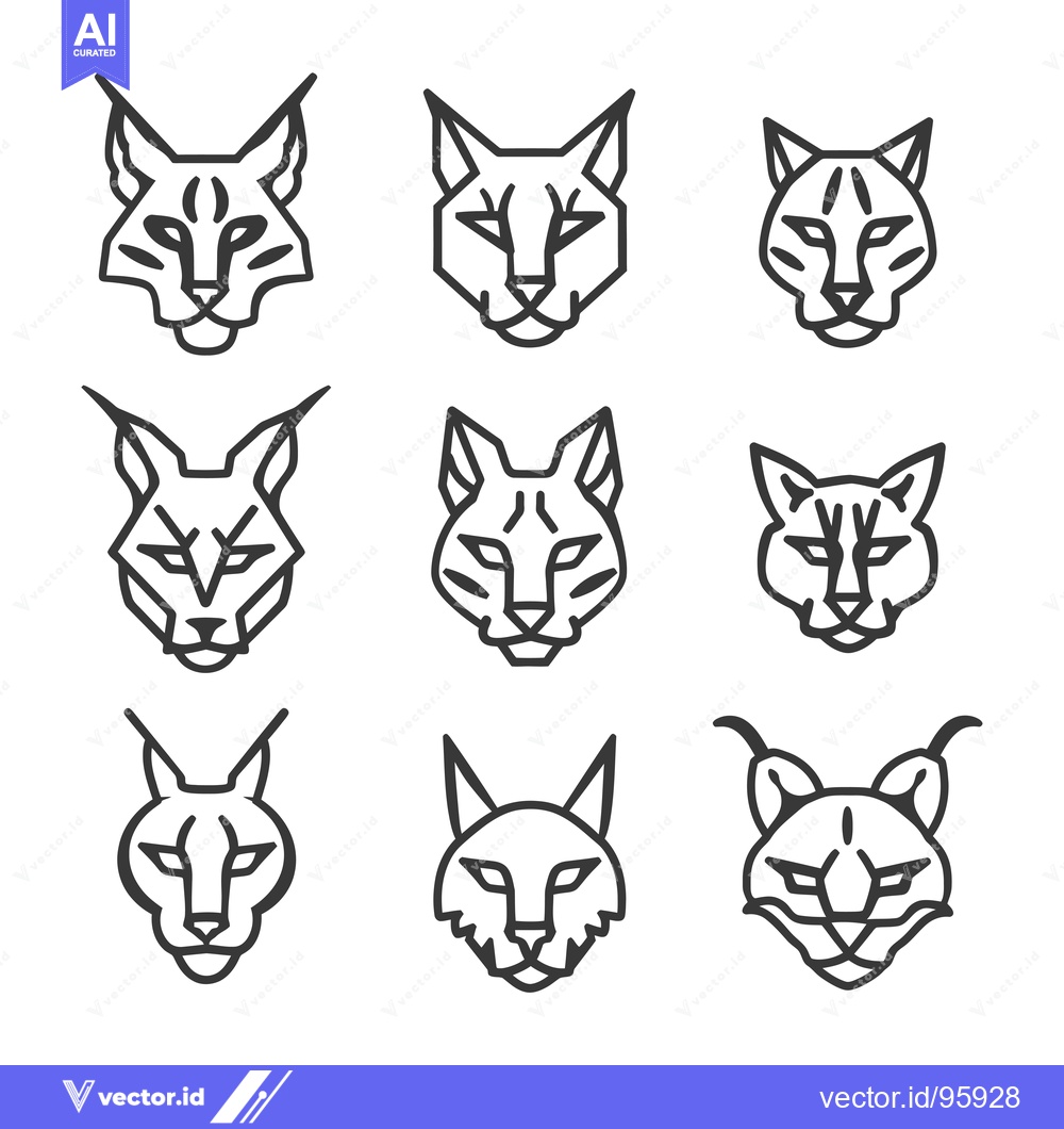 Premium Vector of Set of Nine Outline Lynx Heads with Different Facial Expressions and E