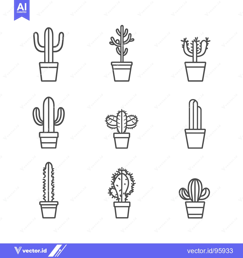 Premium Vector dari Set of nine potted cactus plants in line art style
