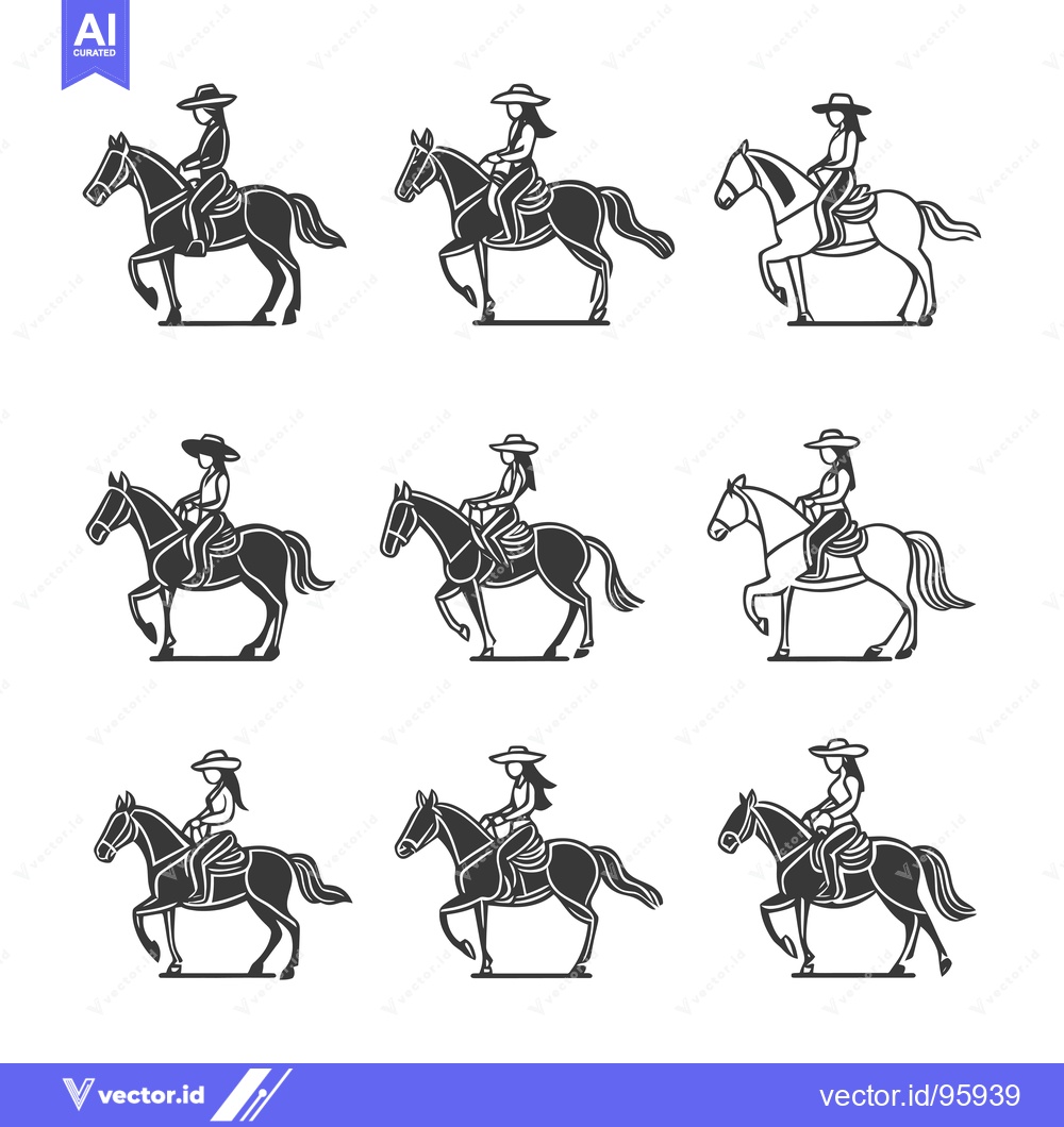 Premium Vector dari Set of Nine Silhouettes of Cowgirls Riding Horses