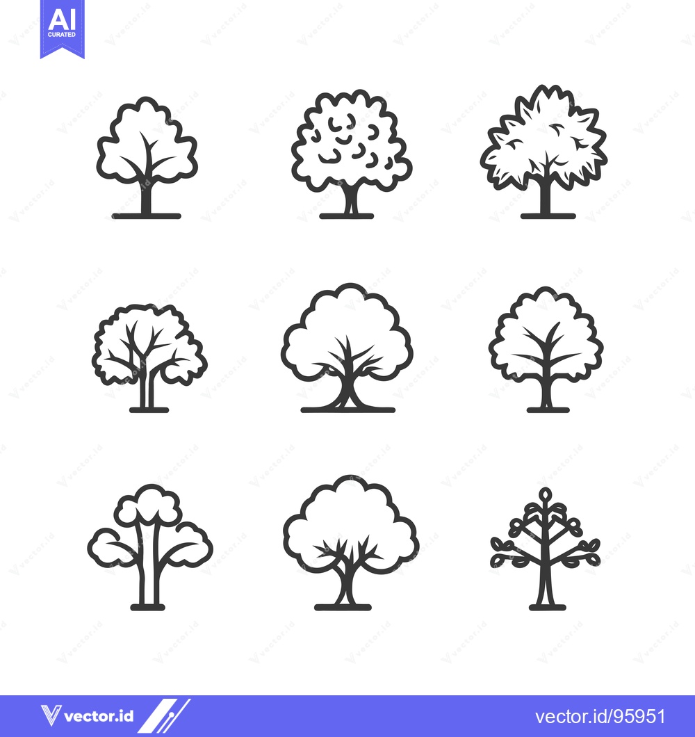 Premium Vector dari Set of Nine Simple Line Art Tree Icons