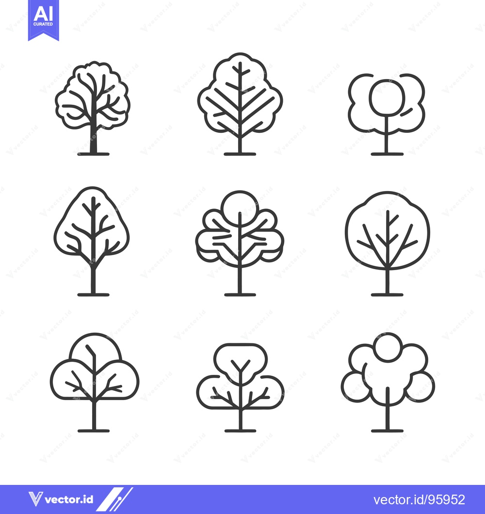 Premium Vector dari Set of nine simple line art tree illustrations