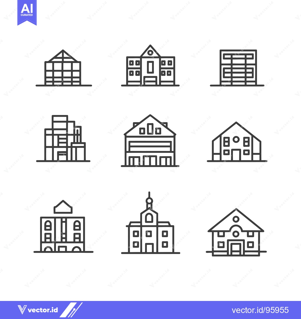 Premium Vector dari Set of Nine Simple Line Drawings of Buildings
